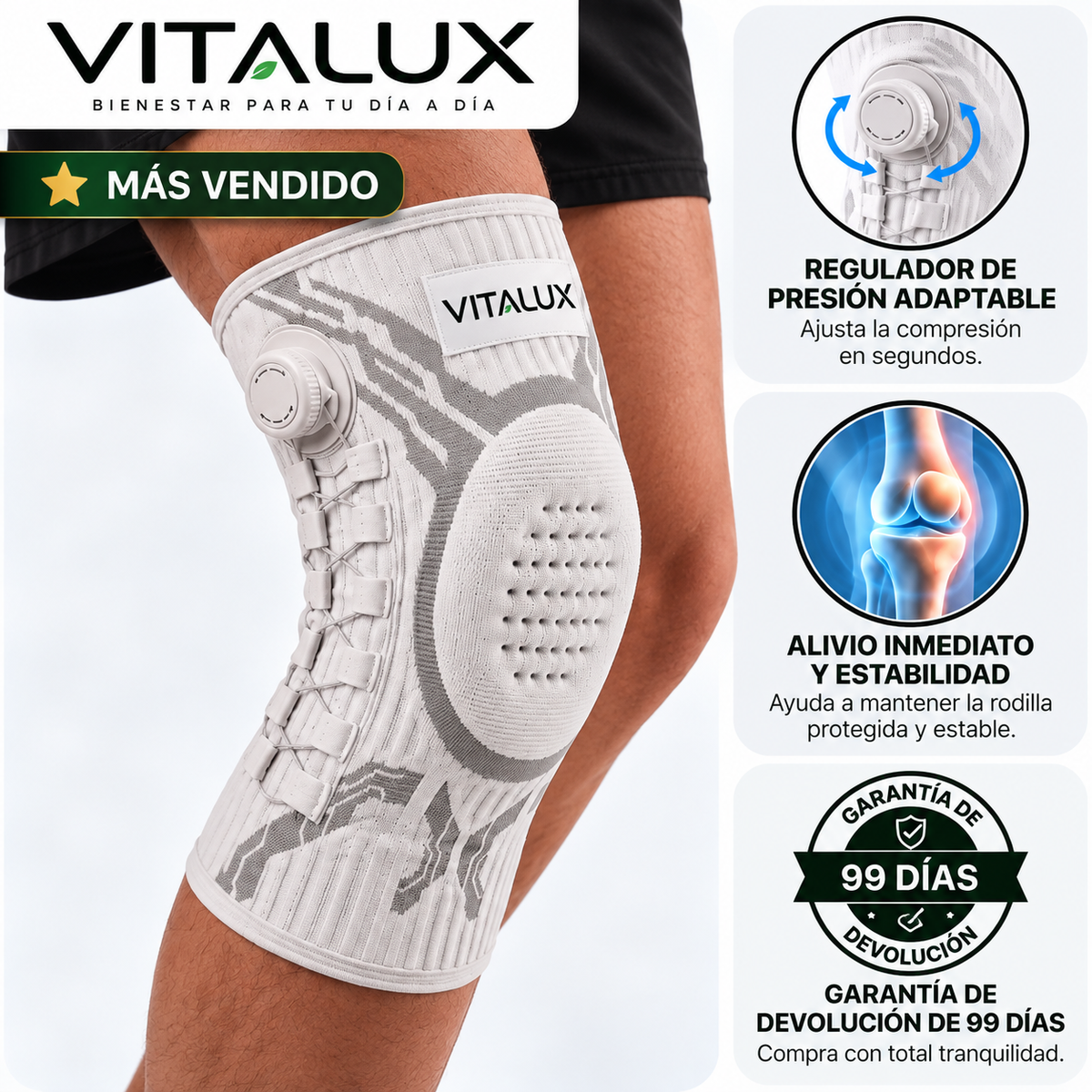Rodillera Vitalux | Alivio inmediato, estabilidad durante todo el día y soporte ajustable