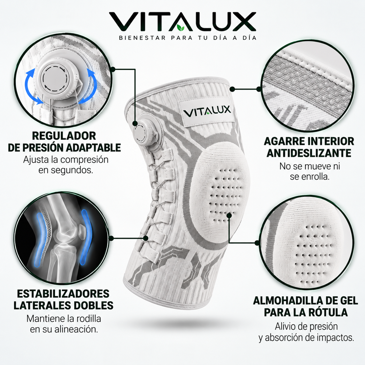 Rodillera Vitalux | Alivio inmediato, estabilidad durante todo el día y soporte ajustable