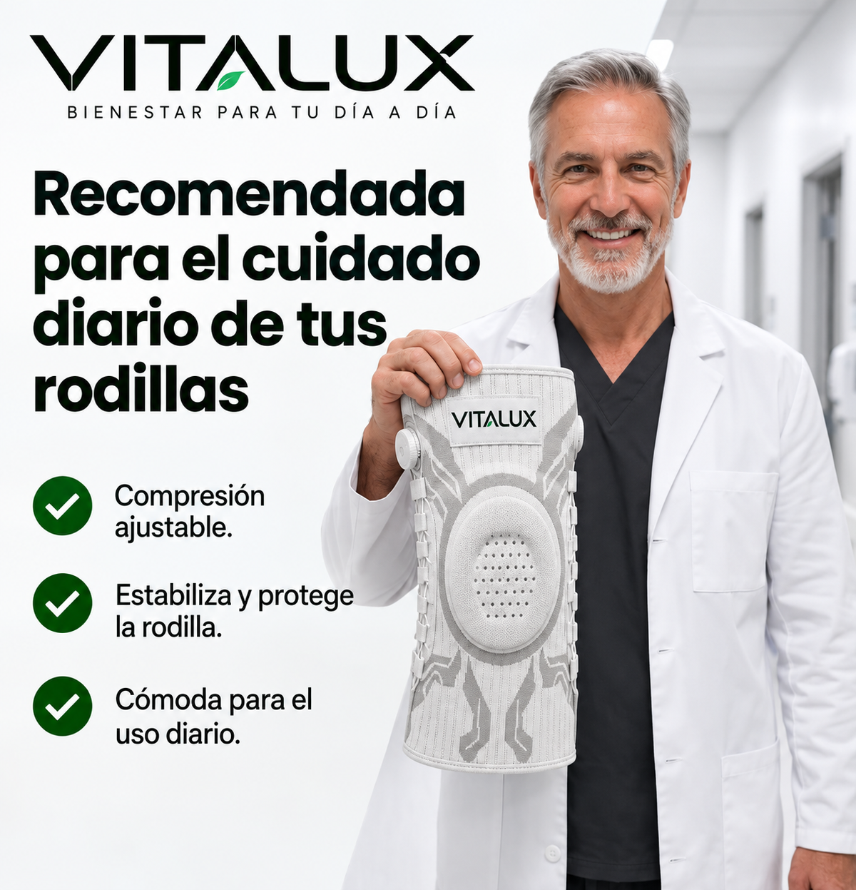 Rodillera Vitalux | Alivio inmediato, estabilidad durante todo el día y soporte ajustable