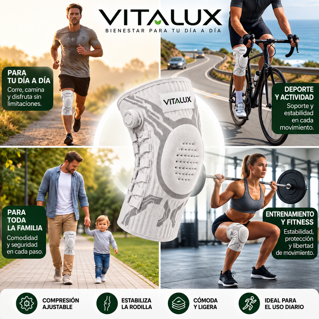 Rodillera Vitalux | Alivio inmediato, estabilidad durante todo el día y soporte ajustable